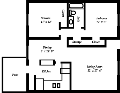B1 - Two Bedroom / One Bath - 986 Sq. Ft.*